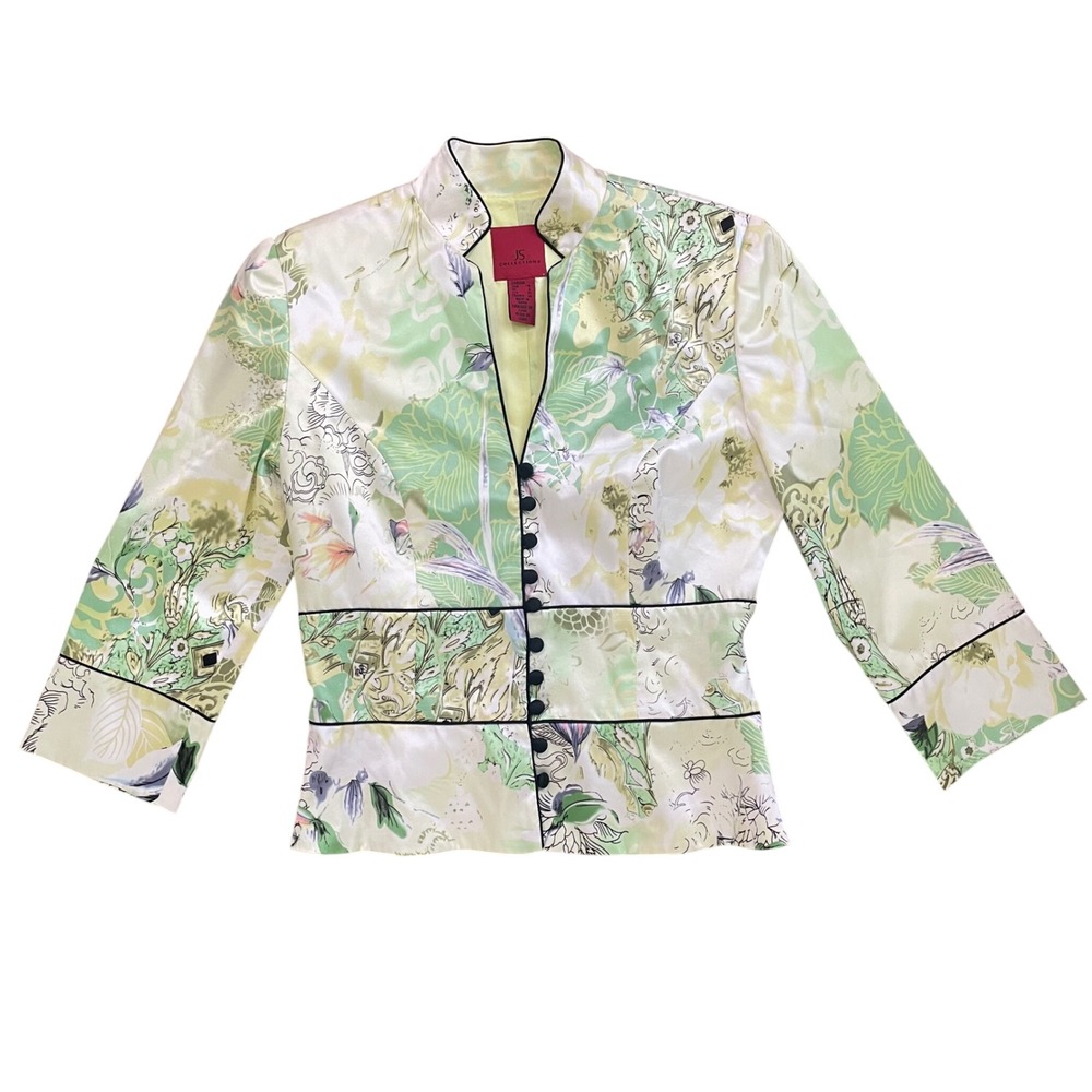 JS Collections Womens 100% Silk Floral Blazer Green Yellow Mandarin Collar Sz 4